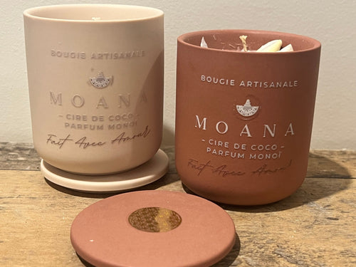 Bougie MOANA, parfum signature L’Harmonie Précieuse, voyage vers Moorea, , création artisanale – L'Harmonie Précieuse